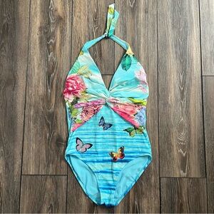 Johnny Was Azul twist butterfly floral blue halter one piece